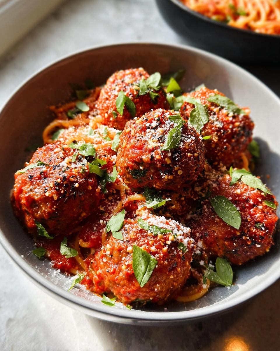 A close-up of a bowl of spaghetti and meatballs, covered in marinara sauce and topped with parmesan cheese and fresh basil.