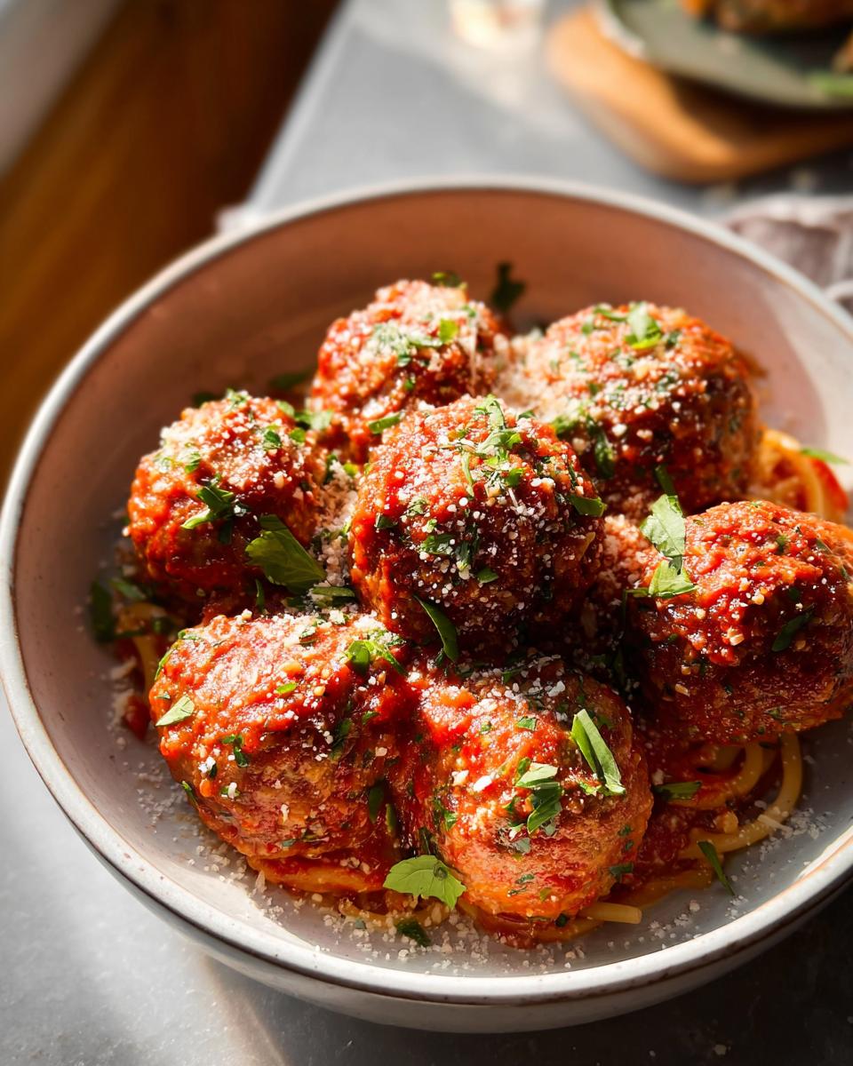 A bowl of spaghetti topped with hearty meatballs in marinara sauce, sprinkled with Parmesan and parsley, perfect for easy dinner recipes.