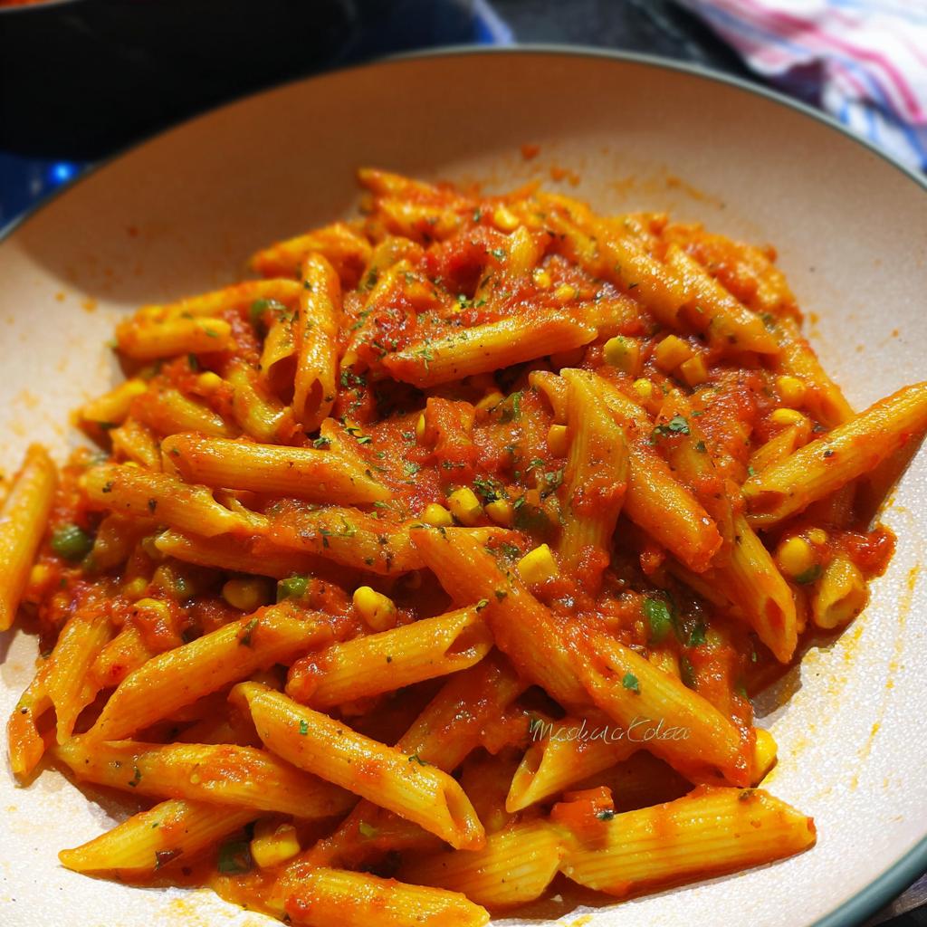 A close-up of a bowl of penne pasta coated in a vibrant masala sauce with corn and peas.