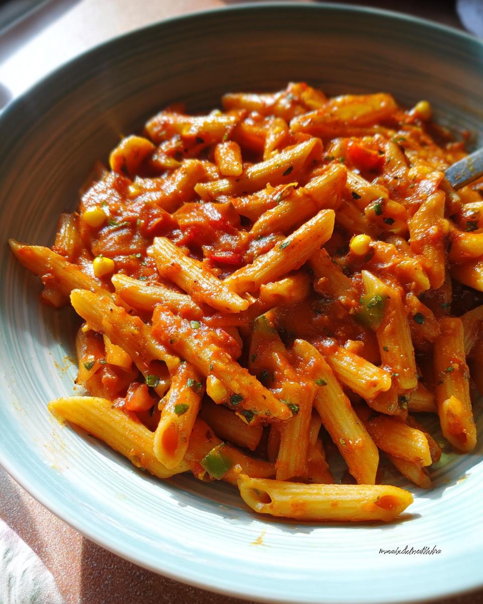 A close-up of a bowl filled with delicious penne pasta coated in a rich, red masala sauce with visible corn and herbs.