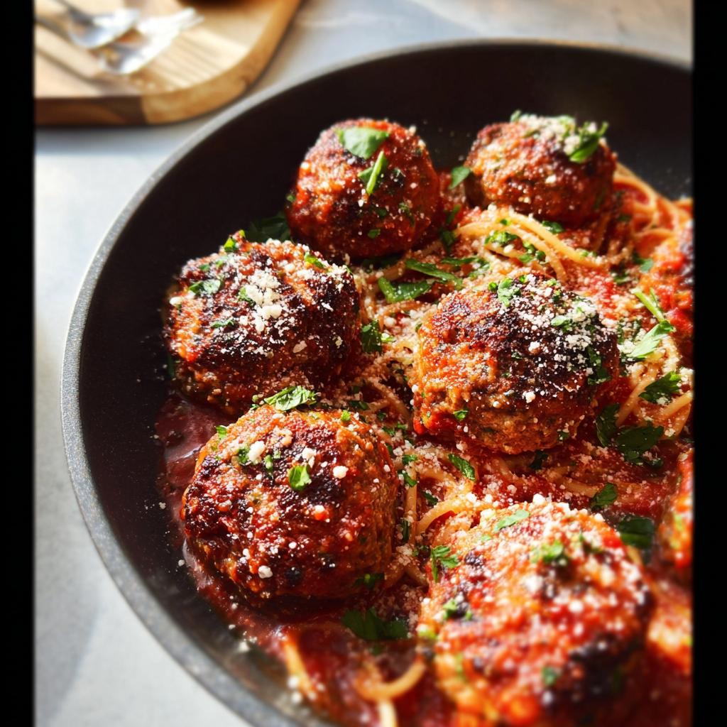 A close-up of juicy meatballs in marinara sauce with spaghetti, sprinkled with Parmesan cheese and parsley, perfect for dinner recipes made easy.