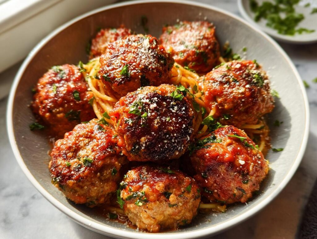 A close-up of a bowl of spaghetti and meatballs, covered in marinara sauce and topped with parsley and parmesan cheese.