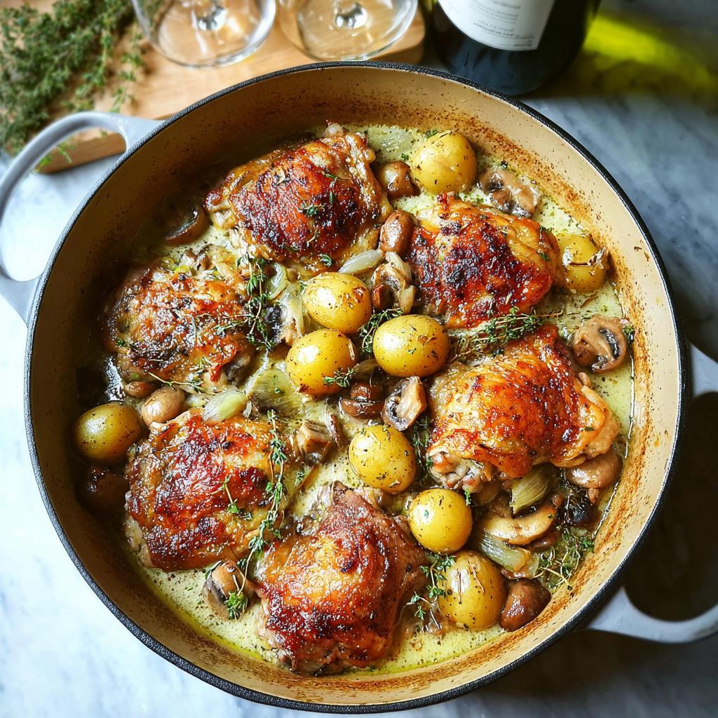 A close-up shot of a Family Favorite Chicken dish in a pot, featuring golden-brown chicken thighs, baby potatoes, and mushrooms in a creamy sauce.