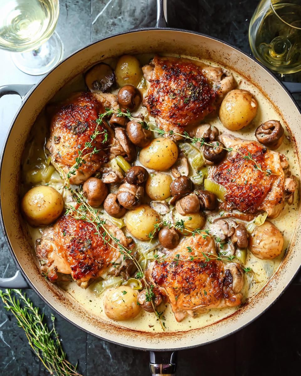 A golden-brown Family Favorite Chicken dish in a pot with baby potatoes, mushrooms, and creamy sauce, garnished with thyme.