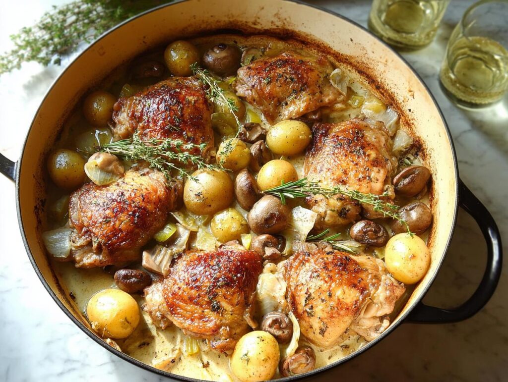 A golden-brown Family Favorite Chicken dish with baby potatoes, mushrooms, and herbs in a Dutch oven.