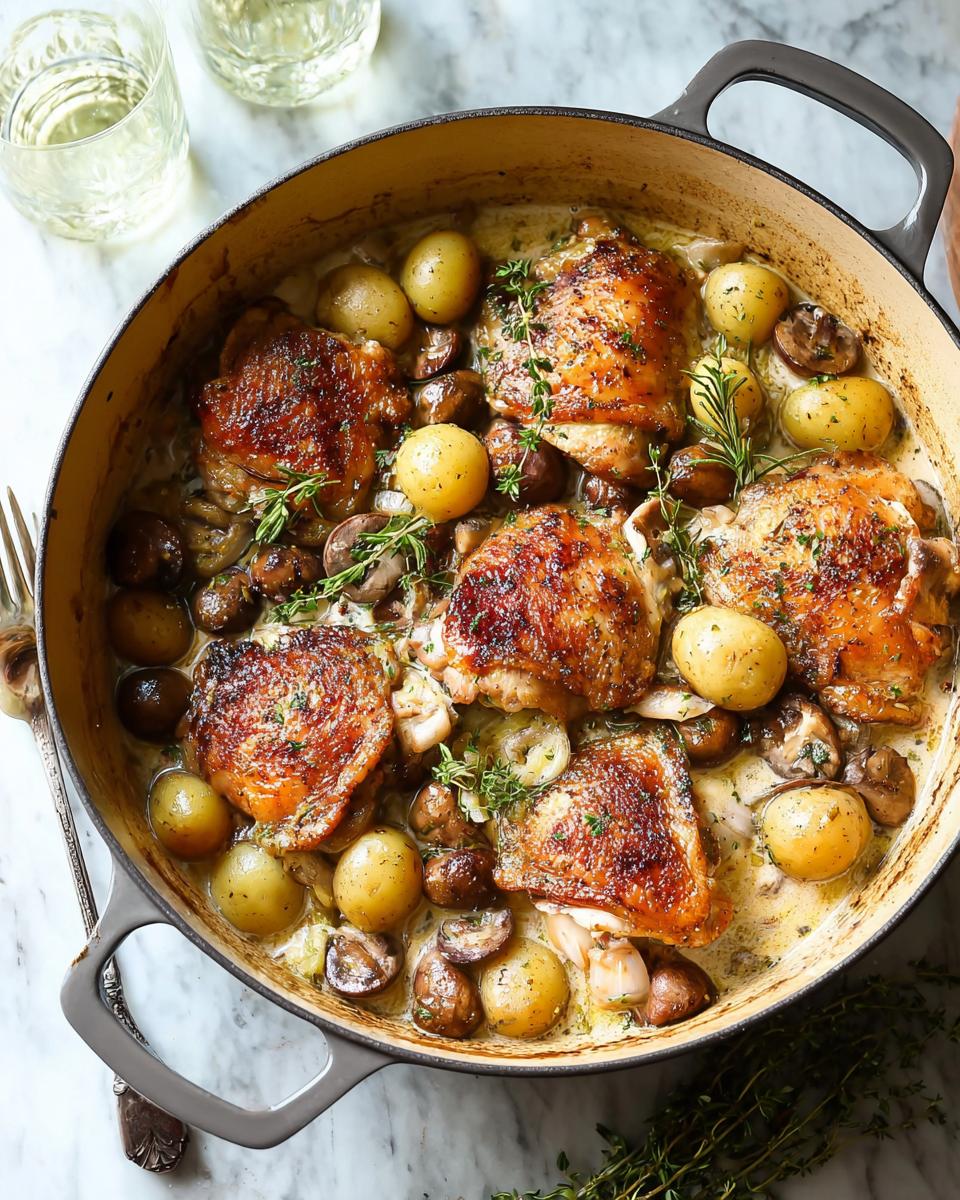 A close-up overhead view of a skillet filled with Family Favorite Chicken thighs, baby potatoes, mushrooms, and creamy sauce.