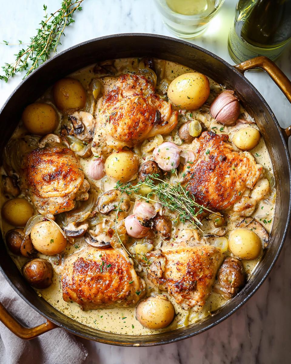 A cast iron skillet filled with Family Favorite Chicken thighs, baby potatoes, mushrooms, and garlic in a creamy sauce.