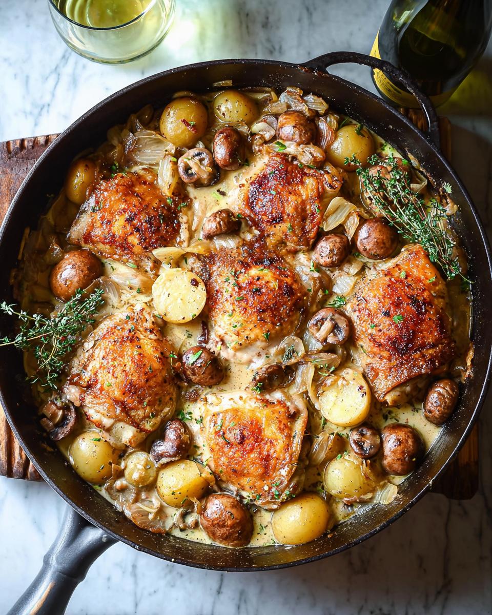A cast iron skillet filled with golden brown Family Favorite Chicken thighs, baby potatoes, mushrooms, and onions in a creamy sauce.