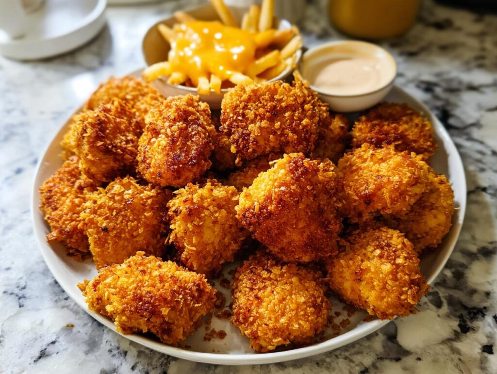 A plate of golden-brown, crispy chicken thigh bites, a popular choice for family favorite chicken thigh recipes.