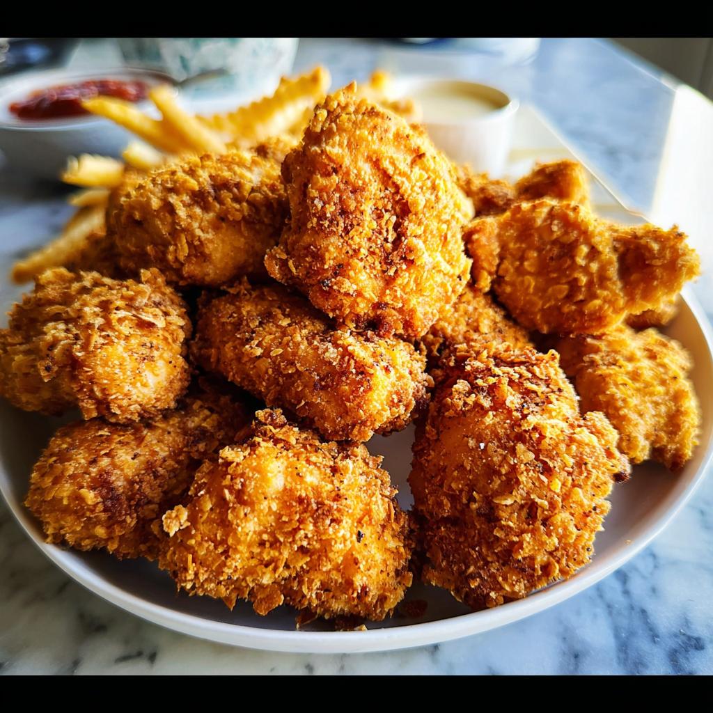 A pile of golden-brown, crispy chicken thigh bites served with french fries and dipping sauces.