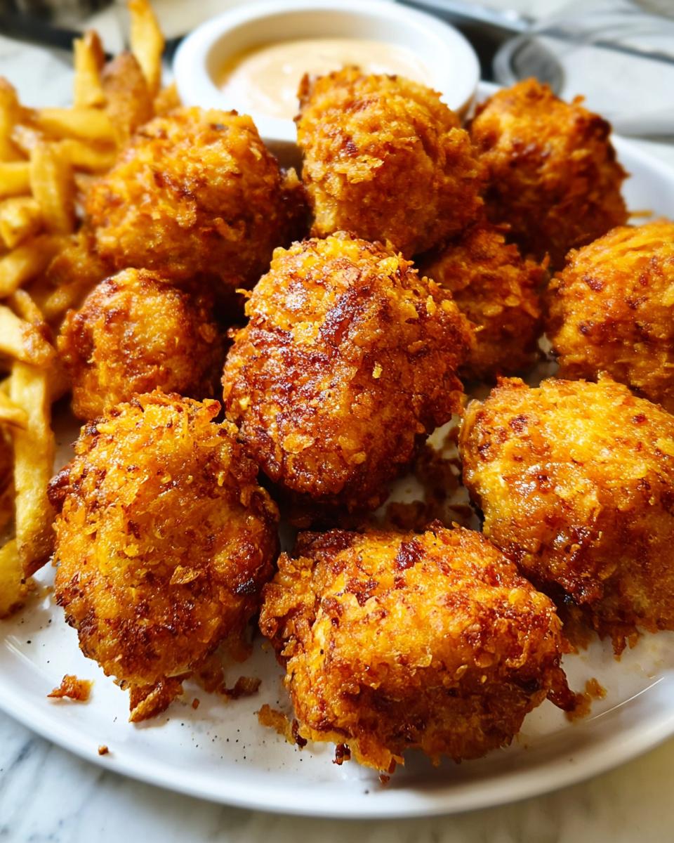Close-up of golden-brown, crispy chicken thigh bites served with french fries and dipping sauce.
