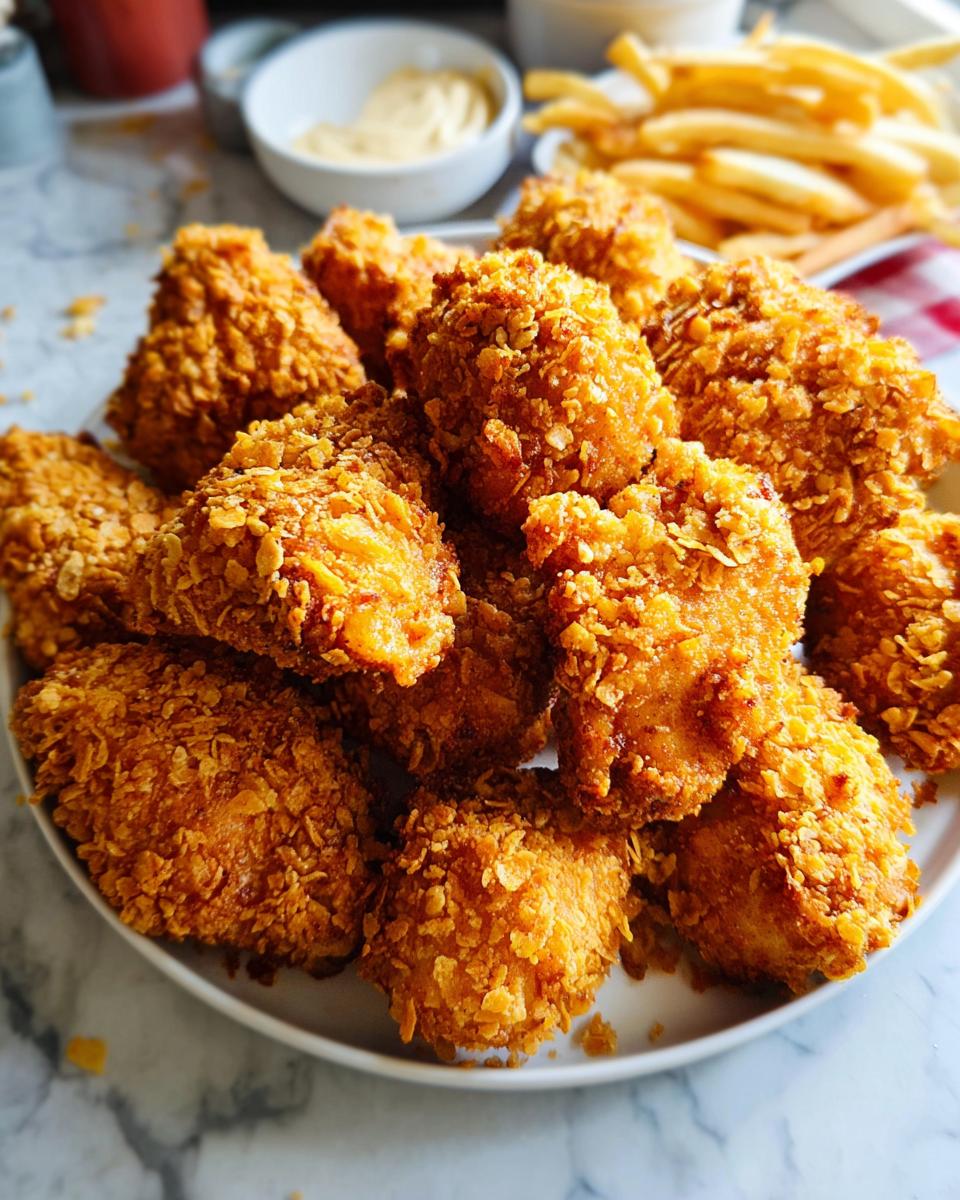 A pile of crispy, golden-brown chicken thighs coated in crushed cereal, a family favorite chicken thigh recipe.