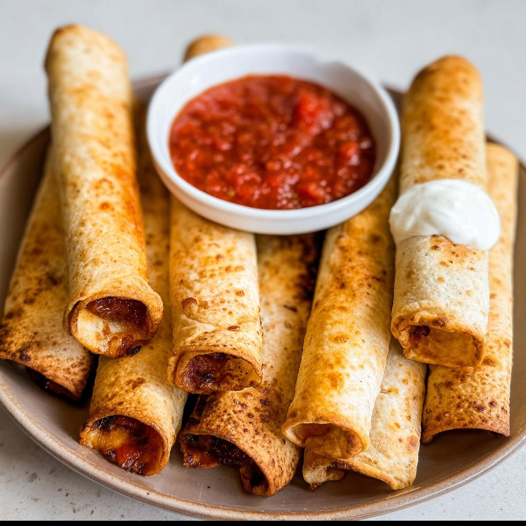 A plate of golden-brown flautas, a popular choice for Family Favorite Dinner Recipes, served with salsa and sour cream.