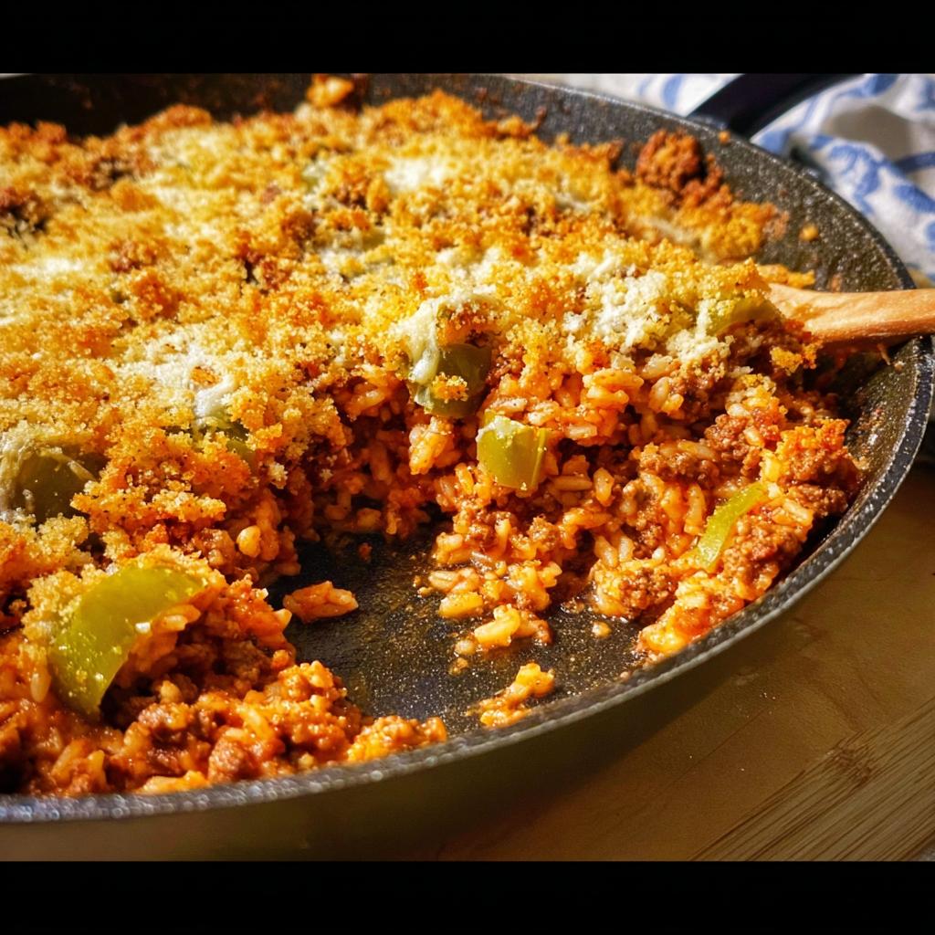 Close-up of a hearty Family Favorite Ground Beef and Rice Casserole baked in a skillet with a golden breadcrumb topping.