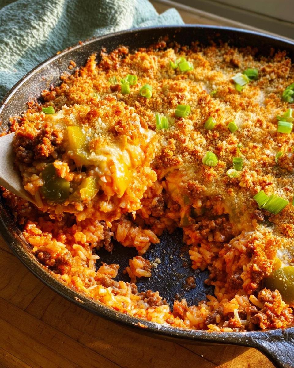 A spoonful of a bubbling Family Favorite Ground Beef and Rice Casserole, topped with crispy breadcrumbs and green onions.