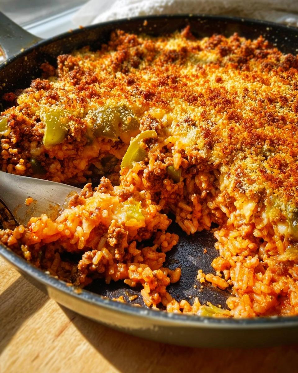 A close-up of a Family Favorite Ground Beef and Rice Casserole in a skillet, showing layers of seasoned ground beef, rice, and green peppers with a golden breadcrumb topping.