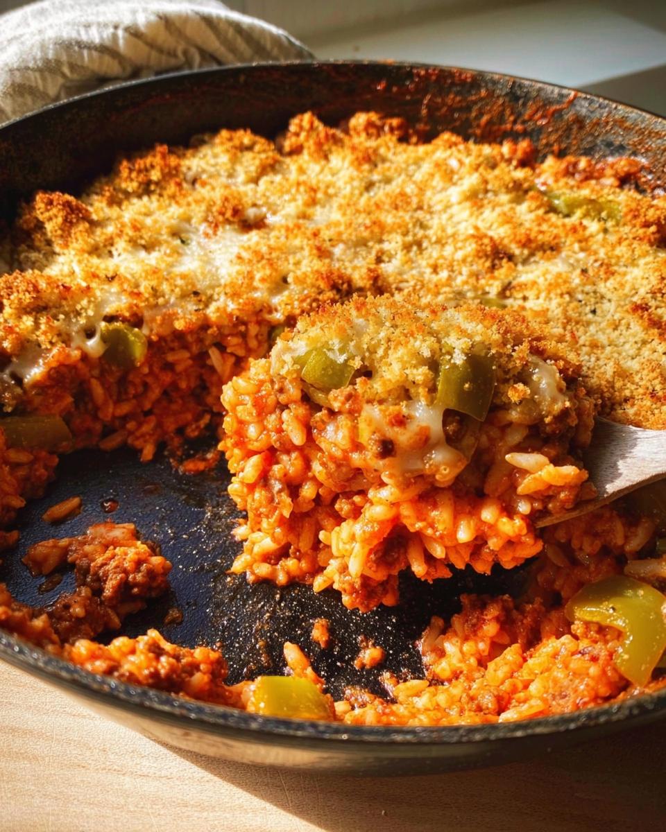 A close-up of a family favorite ground beef and rice casserole with green peppers and a crispy breadcrumb topping.