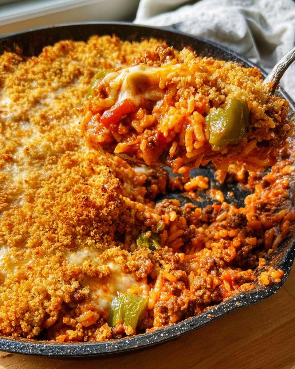 A close-up of a scoop being taken from a bubbling Family Favorite Ground Beef and Rice Casserole in a cast iron skillet.