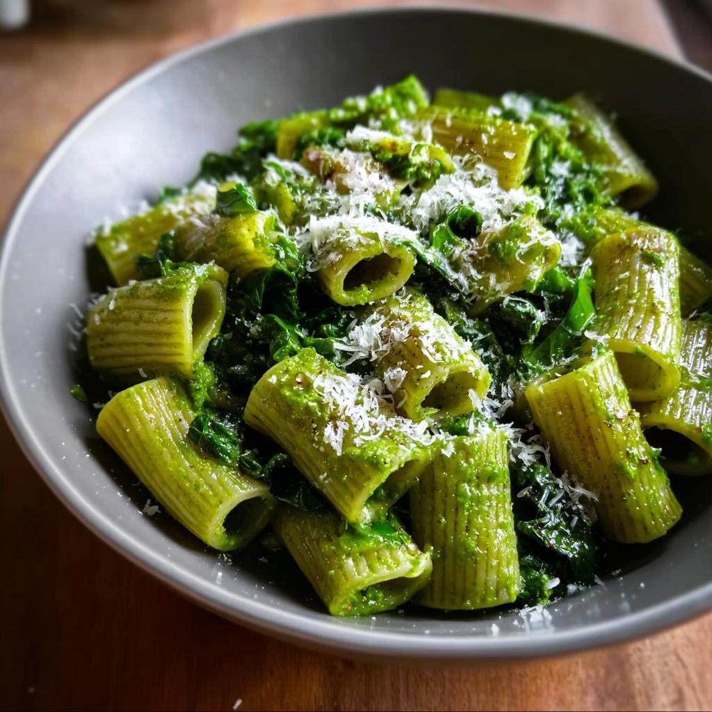 A bowl of rigatoni pasta coated in a vibrant green sauce, sprinkled with grated cheese. A delicious family favorite pasta recipe.