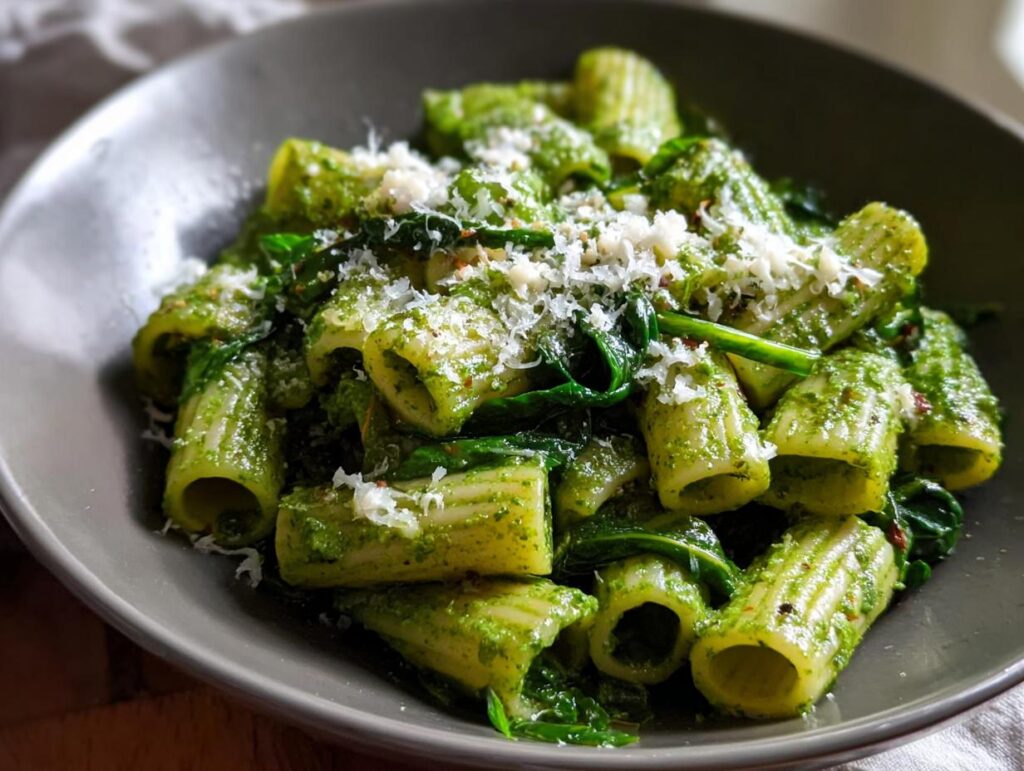 Close-up of rigatoni pasta coated in a vibrant green sauce and topped with grated Parmesan cheese, a perfect addition to family favorite pasta recipes.
