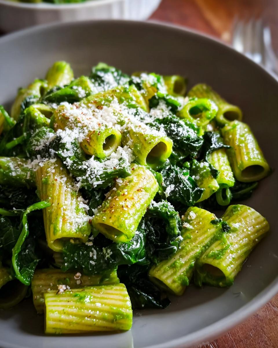 Close-up of rigatoni pasta coated in a vibrant green sauce, mixed with leafy greens and topped with grated cheese.