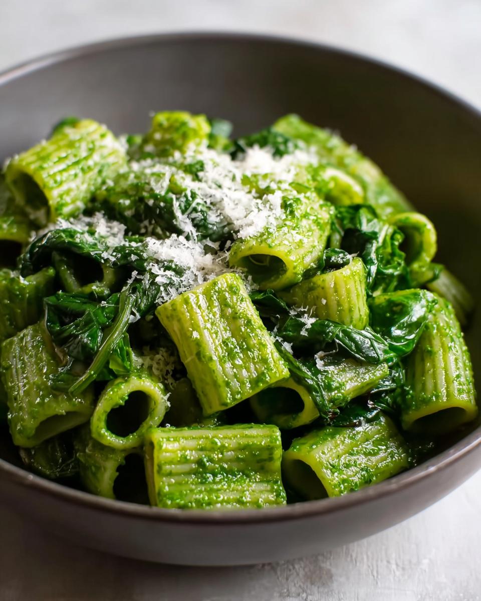 Close-up of rigatoni pasta coated in a vibrant green sauce, topped with grated cheese, part of Family Favorite Pasta Recipes.