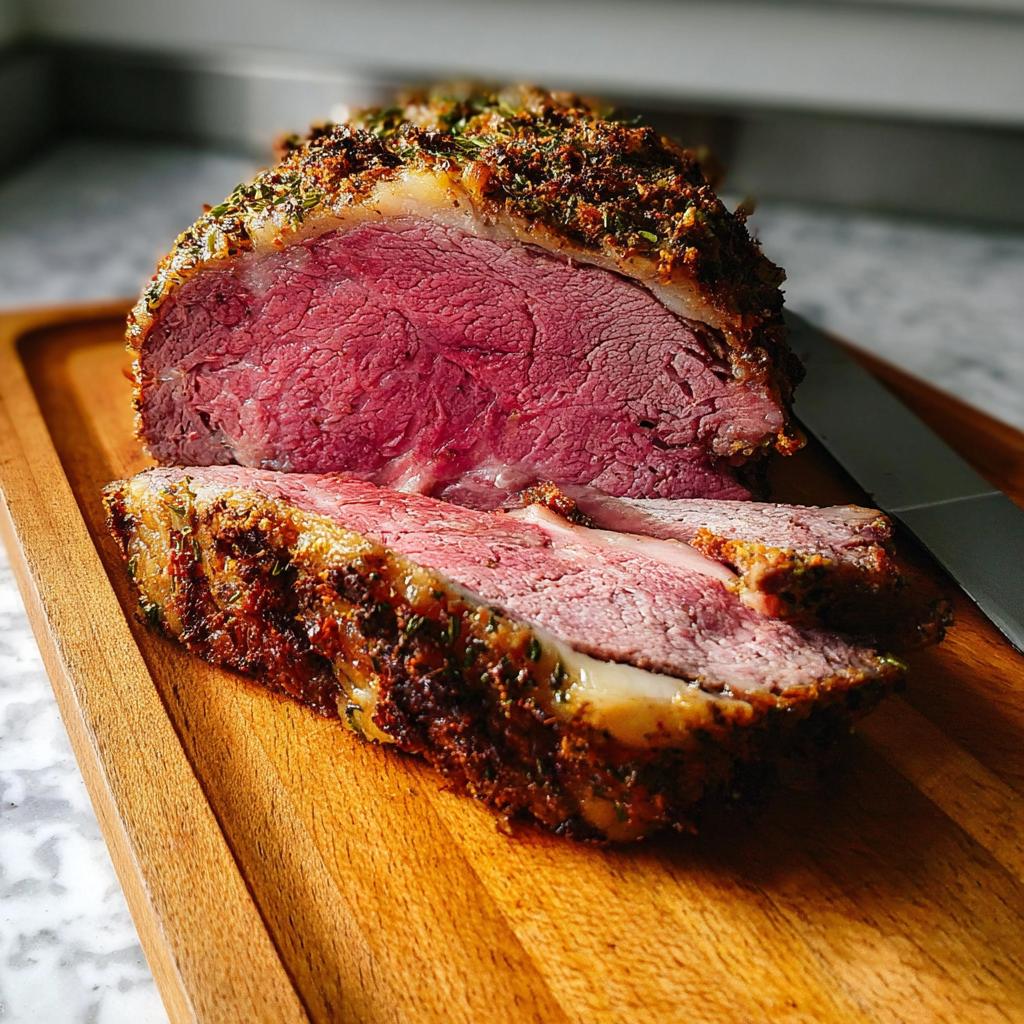 A juicy, medium-rare Family Favorite Prime Rib roast, sliced and resting on a wooden cutting board.