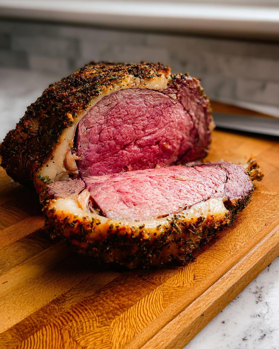 A perfectly cooked Family Favorite Prime Rib roast, sliced to reveal a juicy pink interior and herb-crusted exterior.