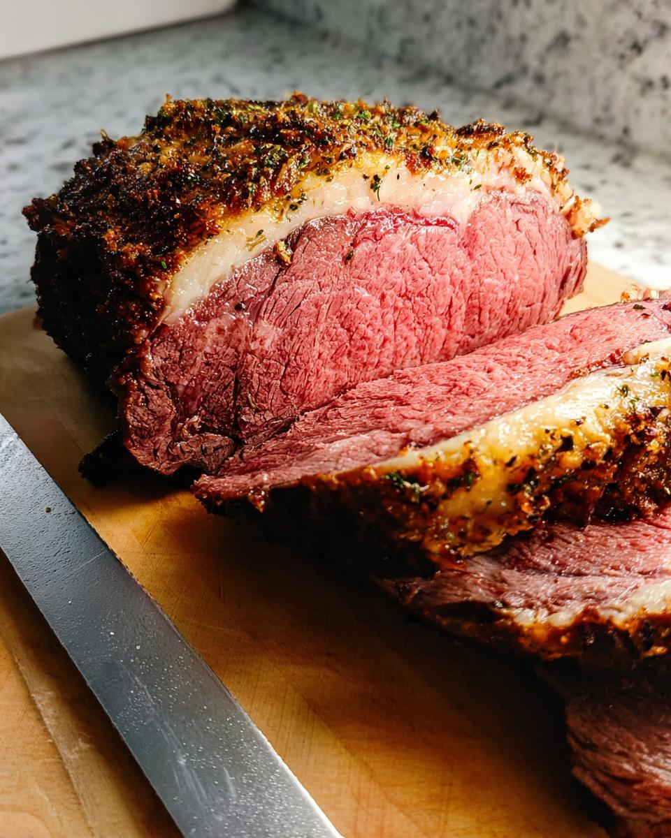 A perfectly cooked Family Favorite Prime Rib roast, sliced to reveal a juicy pink interior and a flavorful herb crust.