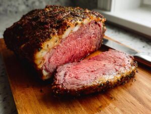 A perfectly cooked Family Favorite Prime Rib roast, sliced to reveal a juicy, pink interior and herb-crusted exterior.