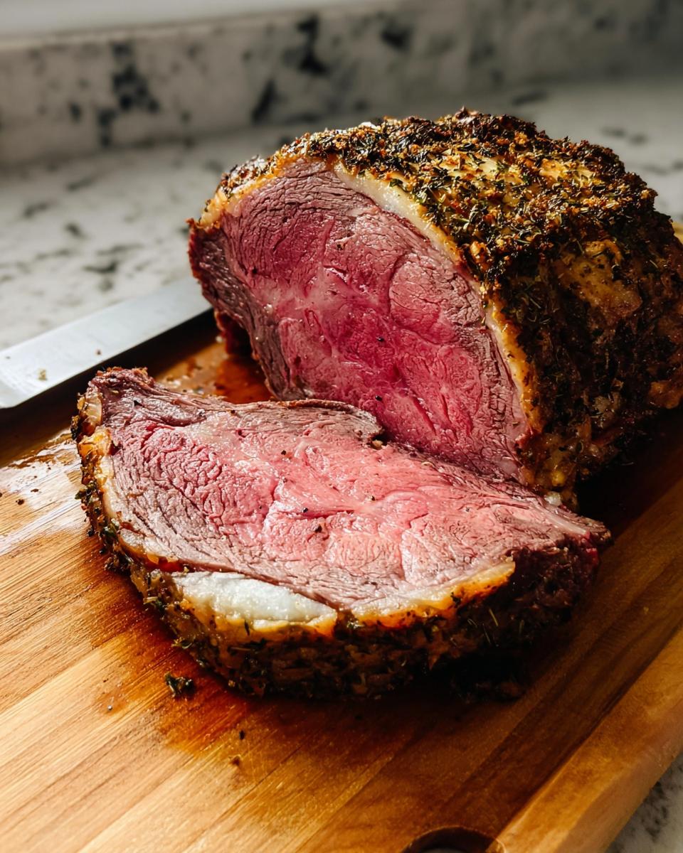 A perfectly cooked Family Favorite Prime Rib roast, sliced to reveal a juicy pink interior and herb-crusted exterior.