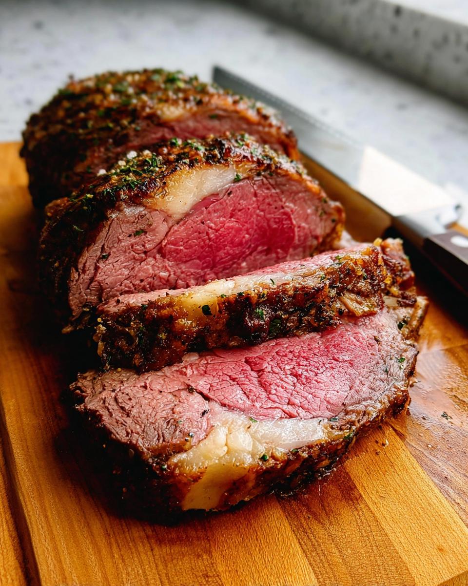 Close-up of a perfectly cooked Family Favorite Prime Rib, sliced to reveal a juicy pink center and seasoned crust.