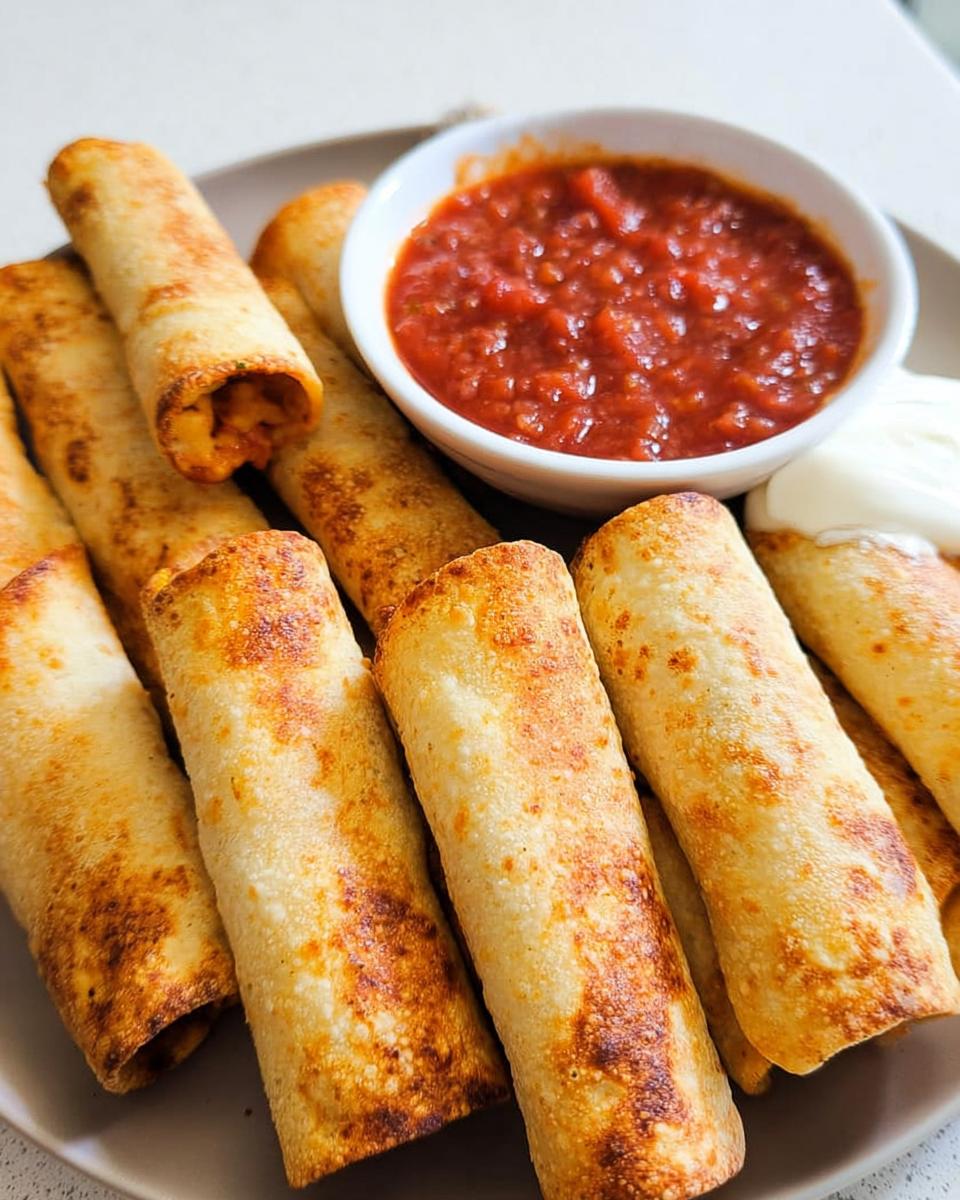 Golden brown flautas served with salsa and sour cream, a perfect family favorite dinner recipe.