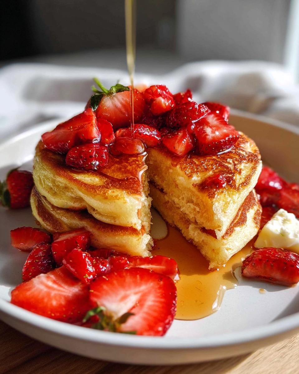 Close-up of a stack of fluffy pancakes topped with fresh strawberries and syrup, a perfect family favorite breakfast idea.