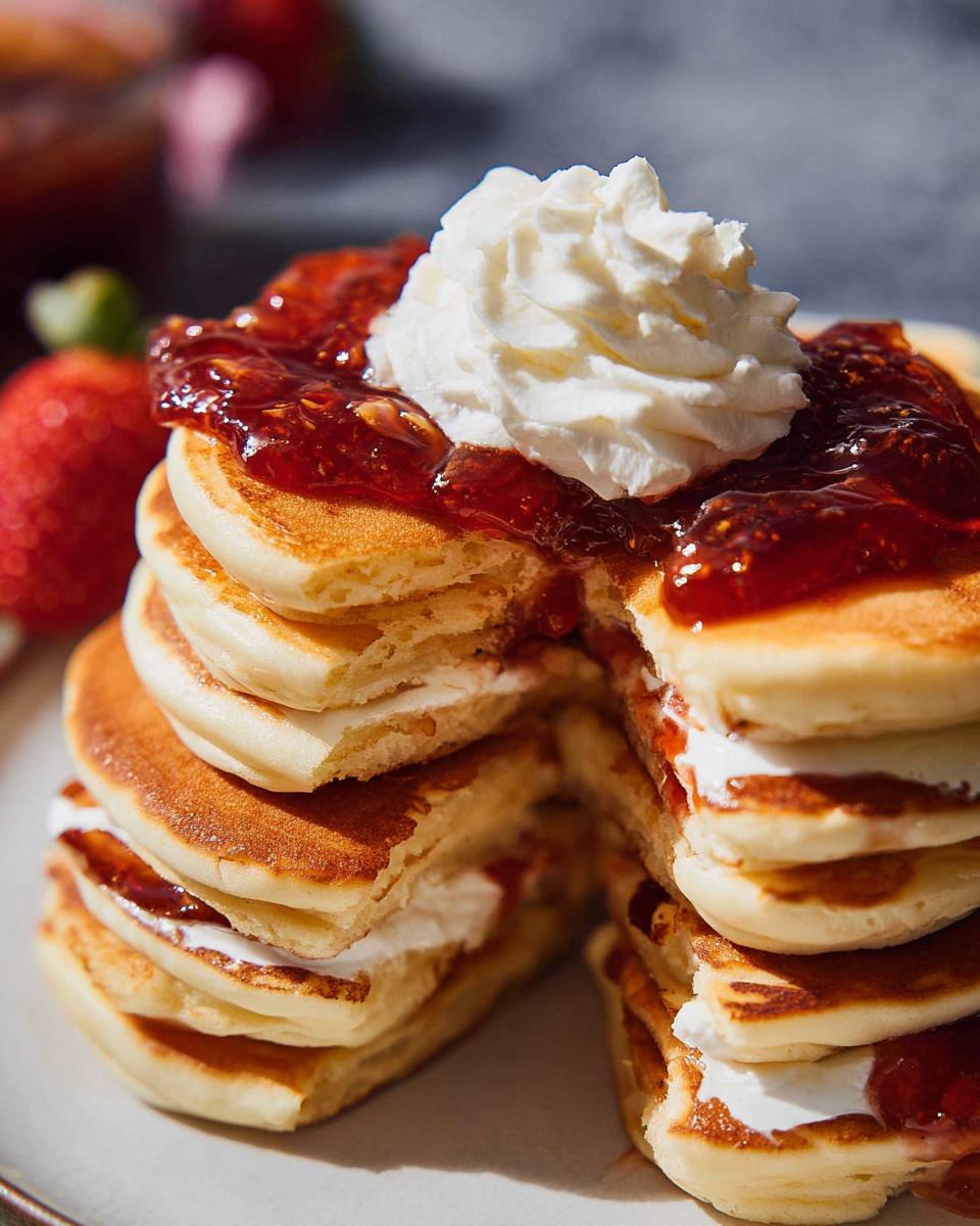 A tall stack of fluffy pancakes layered with whipped cream and strawberry jam, a perfect example of best breakfast ideas for busy nights.