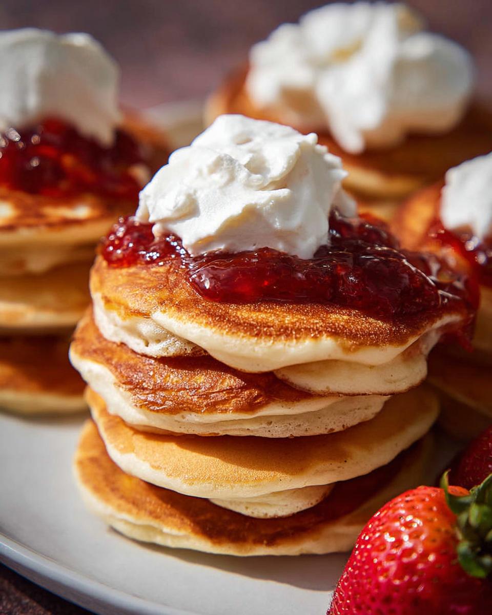 Stack of fluffy pancakes topped with strawberry jam and whipped cream, served with fresh strawberries. Ideal for best breakfast ideas.