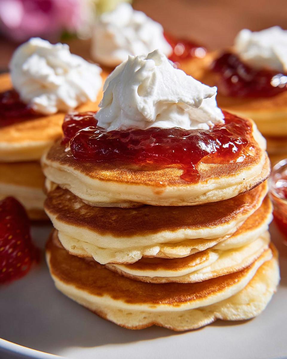 Stack of fluffy pancakes topped with strawberry jam and whipped cream, perfect for best breakfast ideas for busy nights.