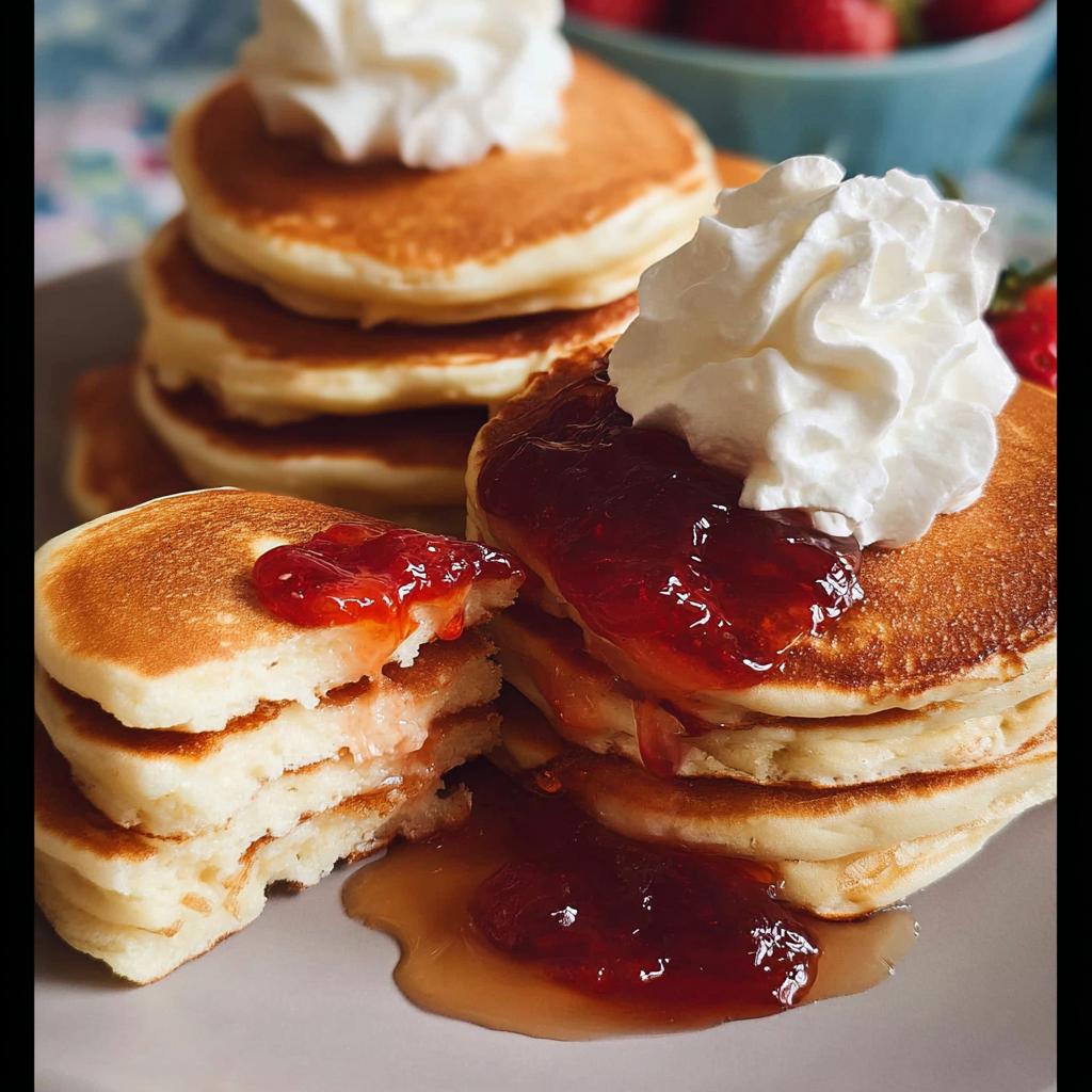 Close-up of fluffy pancakes topped with whipped cream and strawberry jam, perfect for best breakfast ideas for busy nights.