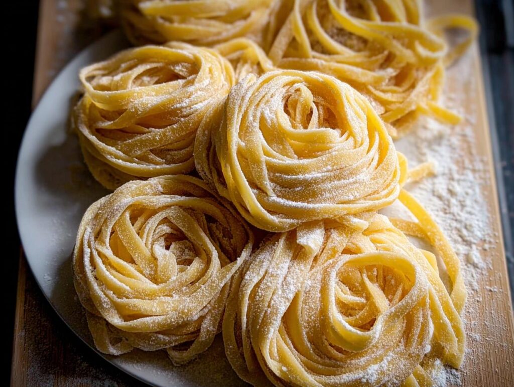Close-up of fresh fettuccine pasta nests dusted with flour, ready for easy pasta recipes.