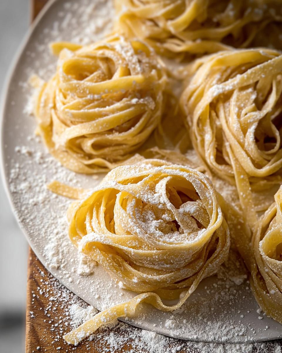 Close-up of fresh fettuccine pasta nests dusted with flour, perfect for pasta recipes made easy.