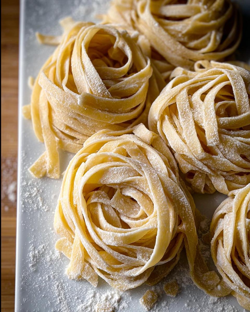 Close-up of fresh fettuccine pasta nests dusted with flour, ready for pasta recipes made easy.