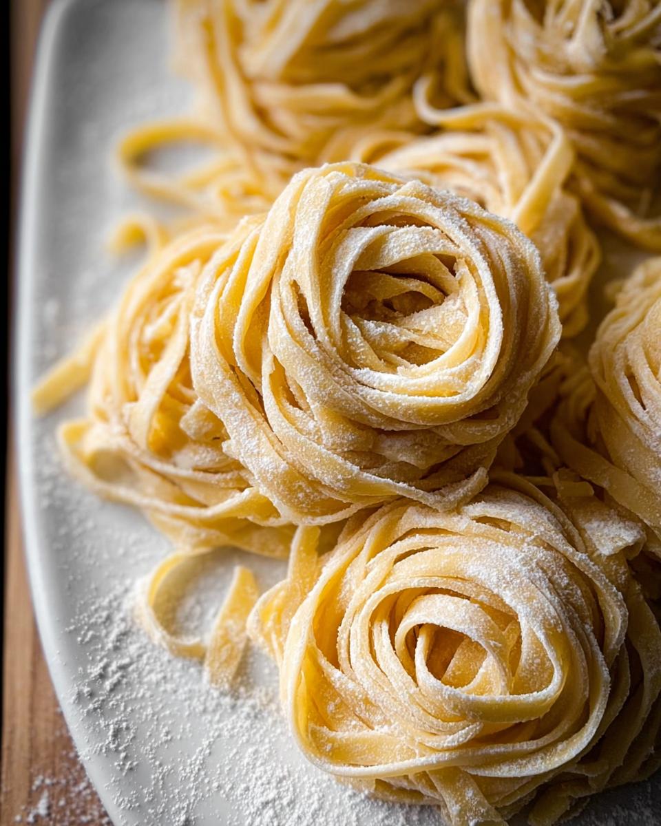 Close-up of fresh fettuccine pasta nests dusted with flour, showcasing the texture and detail of these Pasta Recipes Made Easy.