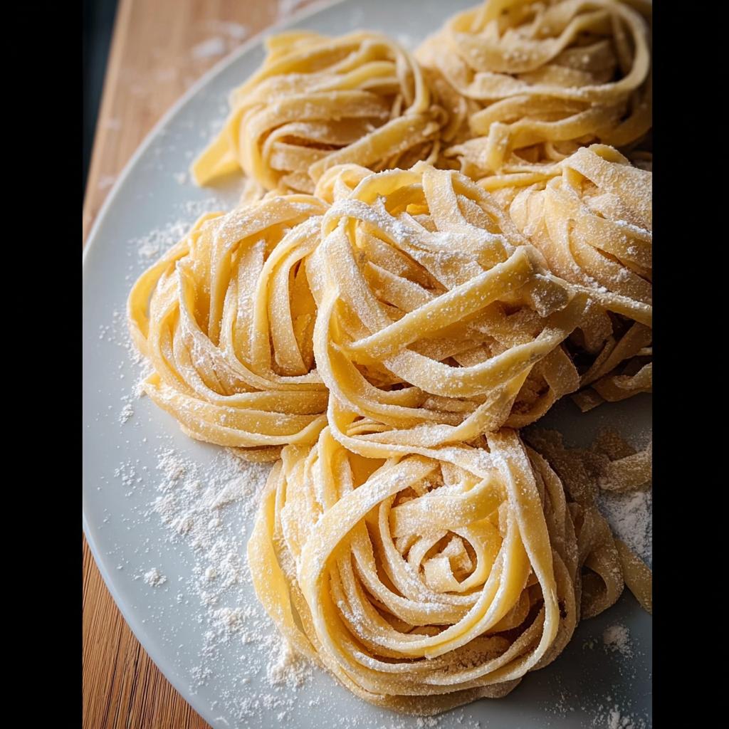 Close-up of fresh fettuccine pasta nests dusted with flour, perfect for easy pasta recipes.