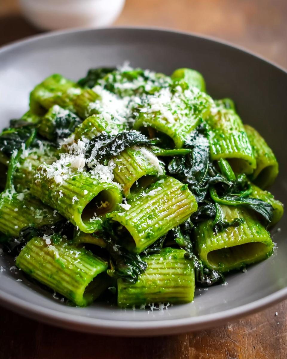 Close-up of green pasta with spinach and grated cheese, a delicious option from Family Favorite Pasta Recipes.