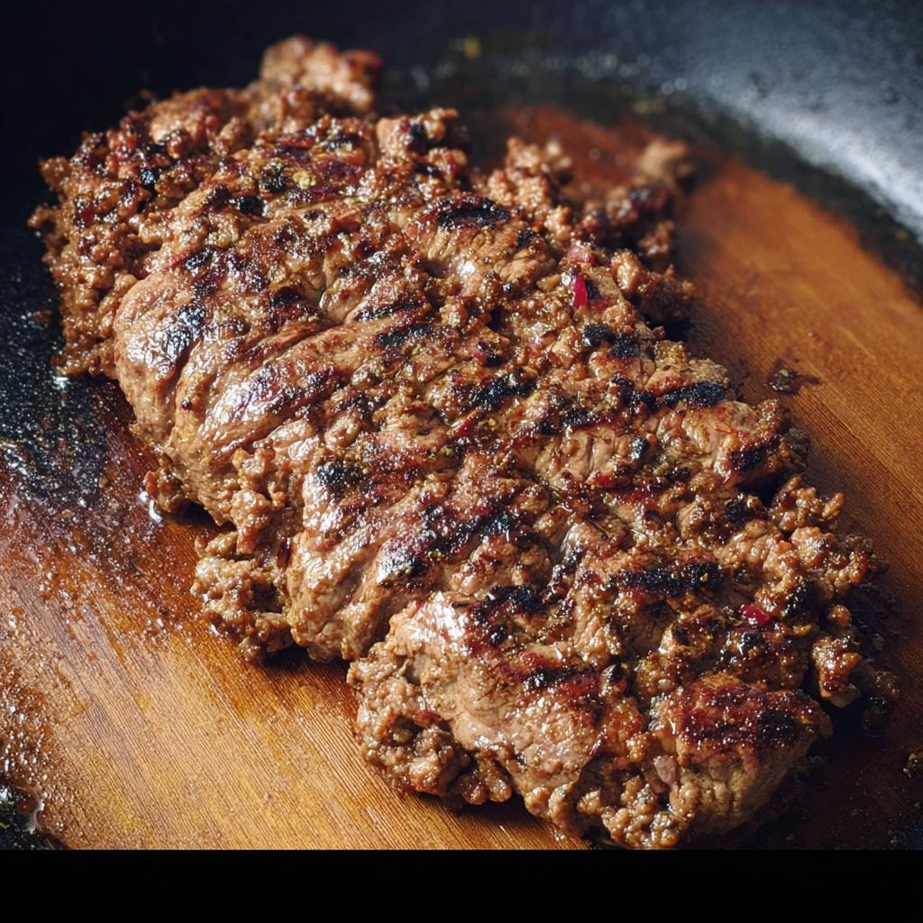 Close-up of a juicy, grilled ground beef patty with grill marks, seasoned and ready for a recipe.
