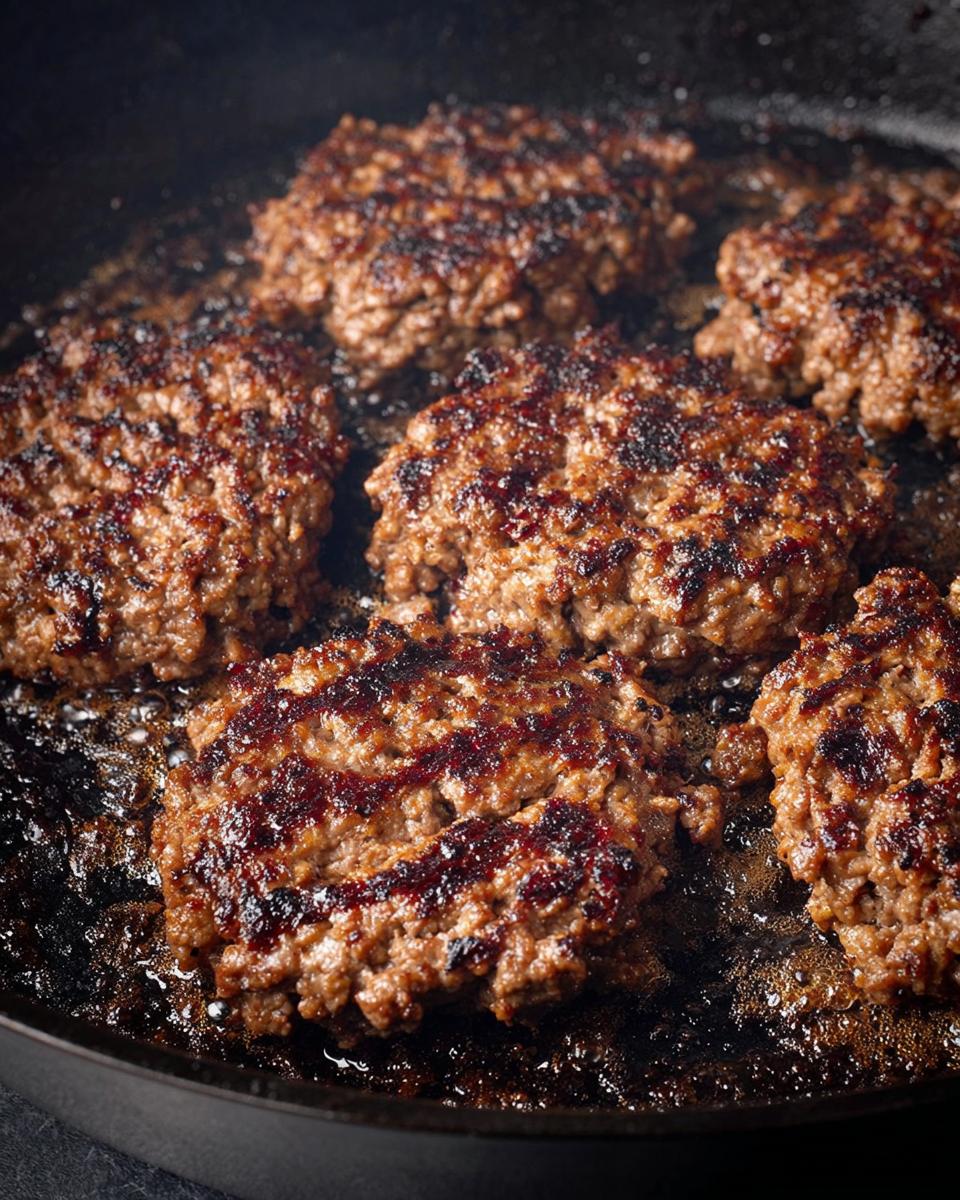 Close-up of several ground beef patties sizzling and browning in a cast-iron skillet, a key step in ground beef recipes.