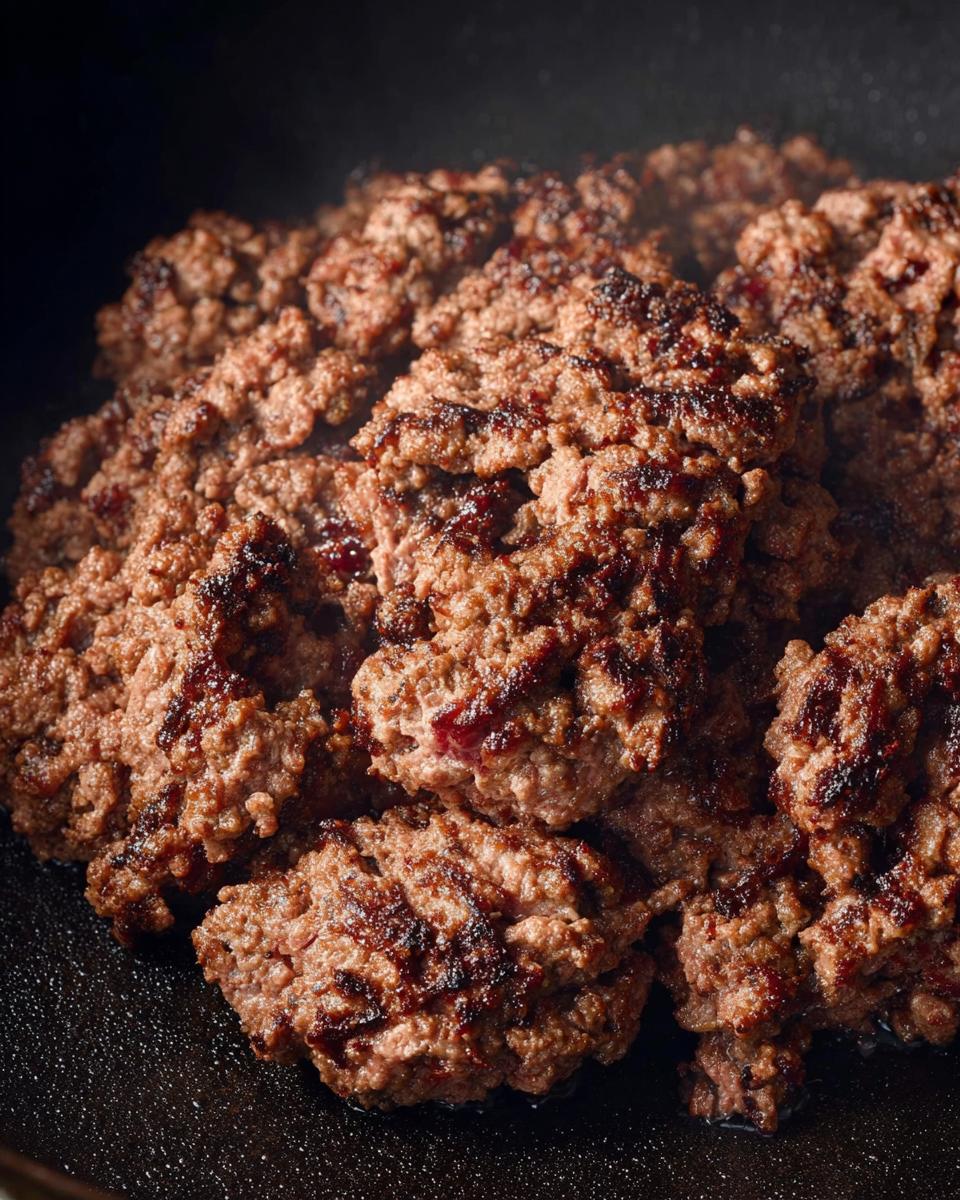 Close-up of perfectly browned ground beef patties cooking in a pan, ideal for various ground beef recipes.