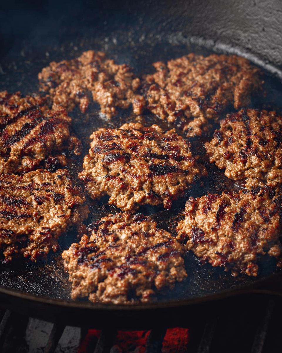 Several ground beef patties sizzling and browning in a cast-iron skillet, showing grill marks.