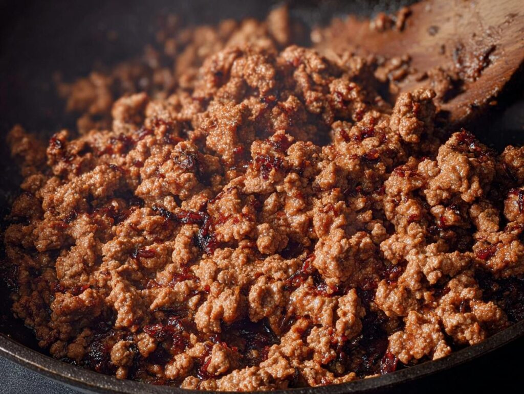 Close-up of seasoned ground beef cooking in a pan with a wooden spoon, ideal for ground beef recipes.