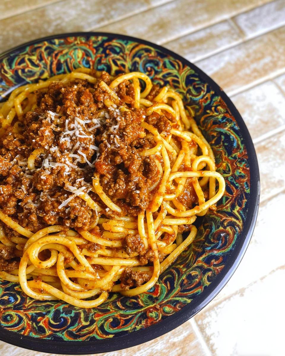 A close-up of spaghetti topped with a rich ground beef sauce, sprinkled with Parmesan cheese. One of the best ground beef recipes.